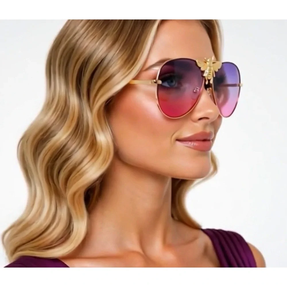 Women Sunglasses Bee Accents Fashion Purple Pink‎ Lens Gold Trendy Designer New
